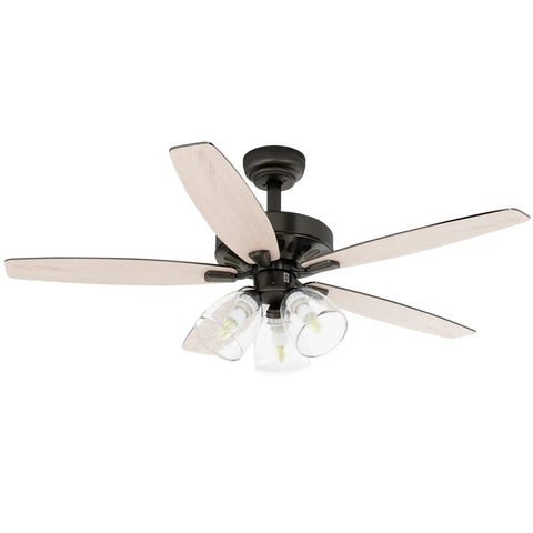 Farmhouse Ceiling Fan With Light And Remote, 52 Inch Outdoor Ceiling Fan in Oak and Black, Clear Seeded Glass Light Kit