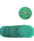 Rock Solid 30 Pc Set Of 5 Inch Hook And Loop Sanding Discs With Green Abrasive Film For Orbital Sanders showing varied grits and labels.