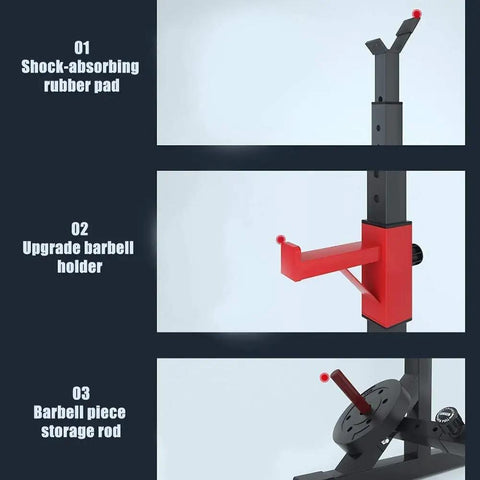 Squat Rack Stand For Weight Lifting Barbell Rack And Bench Press, Beefy Steel Frame showing rubber pad, barbell holder, storage rod