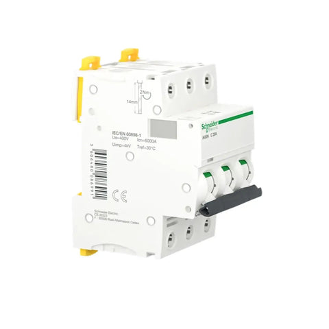 Heavy-Duty MCB Miniature Circuit Breaker 3-Pole 20-Amp C Curve Set Of Four white housing, side view, showing top and connection ports.