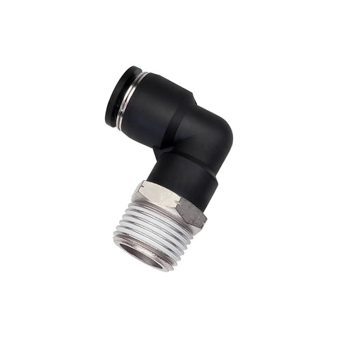Close-up of Four Pack Push To Connect Air Fittings 90 Degree Male Elbow, 1/2 inch tube OD to 1/2 inch NPT, durable plastic and stainless steel.