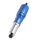 Heavy Duty Cordless Rivet Gun Adapter For Drills With Four Piece Aluminum Rivet Nut Kit and Multi Size Heads showing blue aluminum design.