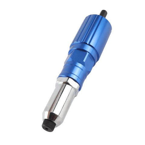 Heavy Duty Cordless Rivet Gun Adapter For Drills With Four Piece Aluminum Rivet Nut Kit and Multi Size Heads showing blue aluminum design.