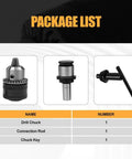 Package list showing TC820 Drill Chuck Adapter and Connecting Rod Conversion Kit for M24HR/M30R/M36R Electric Tapping Machines