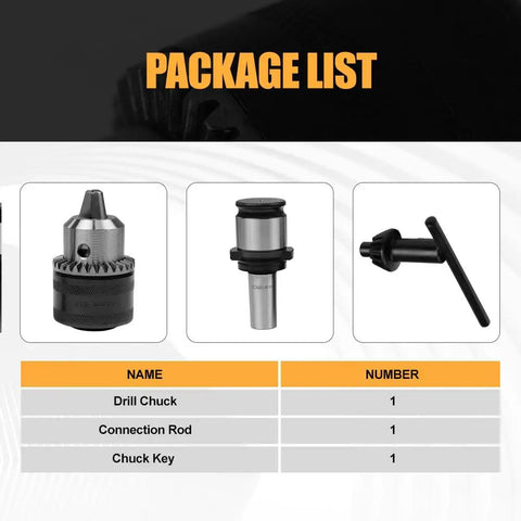 Package list showing TC820 Drill Chuck Adapter and Connecting Rod Conversion Kit for M24HR/M30R/M36R Electric Tapping Machines