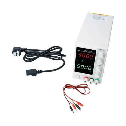 Rock Solid Linear DC Power Supply With Low Ripple For Clean Pure DC Output To Electrical Gear Includes Overvoltage Overcurrent Short Circuit And Overheat Protection Ventilated Case With Heat Dissipation Holes For Reliable Load Power, white benchtop unit with cables