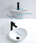 Oval Vessel Sink For Bathroom Above Counter Ceramic Art Basin In Canoe Shape 16 By 13 Inches No Overflow Hole No Faucet Holes Five And A Half Inch Depth Super Sleek And Easy To Install And Clean showing top and side view.