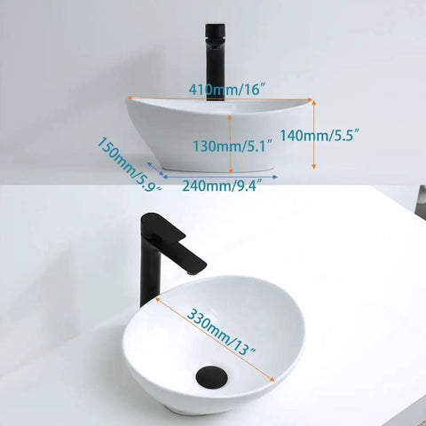 Oval Vessel Sink For Bathroom Above Counter Ceramic Art Basin In Canoe Shape 16 By 13 Inches No Overflow Hole No Faucet Holes Five And A Half Inch Depth Super Sleek And Easy To Install And Clean showing top and side view.