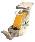 Heavy Duty Kingpinless Swivel Plate Caster Handles 1200 Pounds Like A Boss While Riding Smooth Featuring Directional Lock Side Pedal Brake And Non Marking Polyurethane Wheels On A Rock Solid Cast Iron Core For Effortless Shop Glides, showcasing a 6-inch polyurethane wheel with a side pedal brake.
