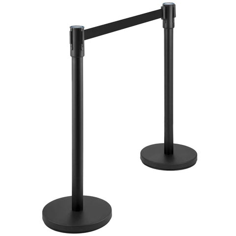 Four Piece Pro Grade Crowd Control Stanchion Set With 6.6 Ft Retractable Belt Black Barrier With Concrete And Metal Base