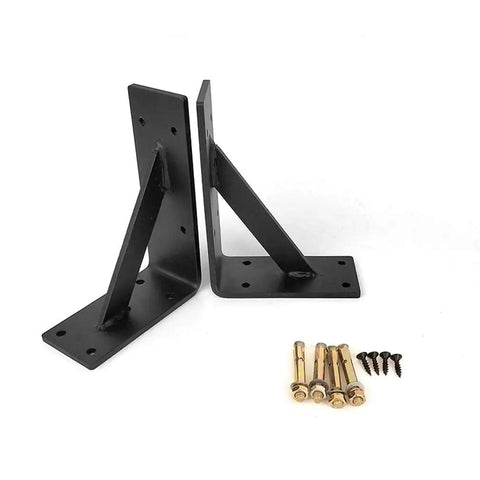 Pair of Heavy Duty Industrial Wall Mount Shelf Brackets Go To Space Saving Iron L Braces in black with screws for easy installation.