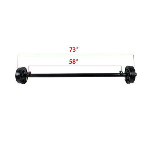 Beefy 3500 Lb 5 Lug Electric Brake Trailer Axle With 73 Inch Hub Face, 58 Inch Spring Center, 5x4.5 Bolt Pattern, Straight Steel Tube, Powder Coated Finish, Built For Light Duty Trailers.
