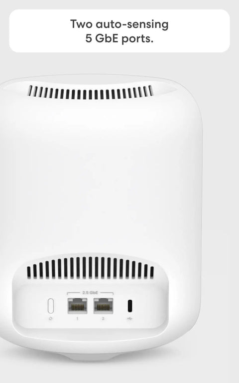 Back view of Eero Pro 7 Tri Band Mesh WiFi 7 Router Newest Model showing two 5 GbE ports and ventilation grill.