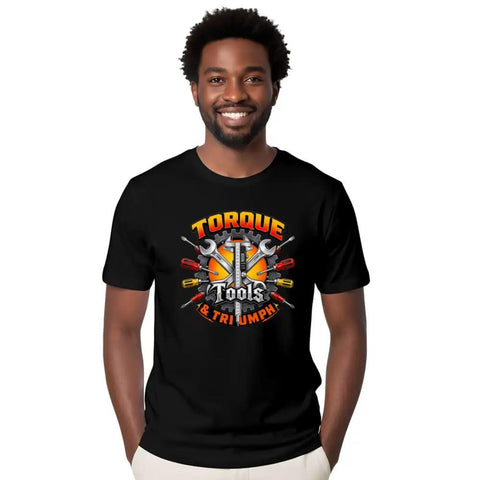 Best Mechanical Engineer T-Shirt Gift Featuring Bold Torque Caliper Emblem And Wrench Gear Icon Design For DIY Builders, Garage Pros, And Tool Lovers Who Rock Industrial Style With Swag, shown on a smiling man.