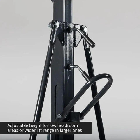 Close-up of adjustable height mechanism on Bad Boy Heavy Weight One Ton Gantry Crane Frame Rated For Two Thousand Pounds.