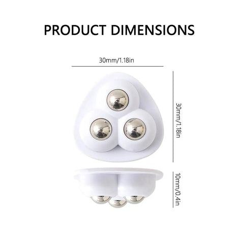 Dimensions of 8 Pack Mini Swivel Caster Wheels With Self Adhesive Backing And Triple Ball Bearings shown in triangle and round designs.