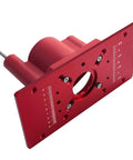 Hassle Free Router Lift System With 65 Mm Universal Table Insert Plate featuring red aluminum design for precision height adjustment.