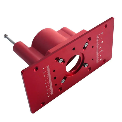 Hassle Free Router Lift System With 65 Mm Universal Table Insert Plate featuring red aluminum design for precision height adjustment.
