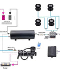 Diagram of Universal Air Ride Suspension Solenoid Valve 1/4 NPT 12V with control box and remote for cars and motorcycles