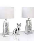 Pair of LED mirrored table lamps with white shades and heart-shaped crystal diamond silver bases, decorative cat figure in between