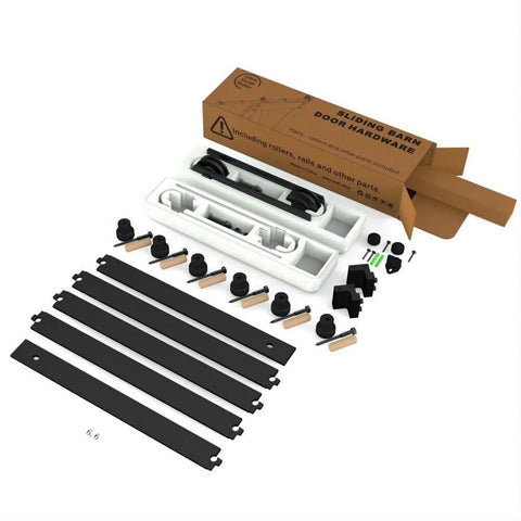 6.6 Foot Sliding Barn Door Hardware Kit for one wood door with rails, rollers, and accessories for 35-40 inch wide panels.
