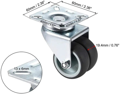 Smooth As Butter 2 Inch TPR Swivel Caster Wheels With 360 Degree Rotation And Rock Solid 110 Lb Capacity For Furniture Carts Workbenches And Shop Gear In Cool Gray Pack Of Four, showing a detailed caster wheel design with measurements.