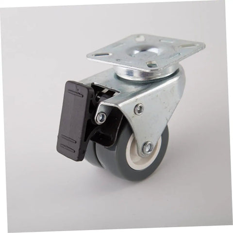 Heavy Duty Twin Caster Wheels With Non Marking Rubber Treads And 360 Swivel Plates Plus Locking Brakes, showing steel body and rubber tread.
