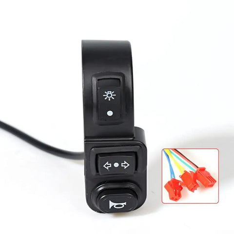 Solid Handlebar Switch 7/8 Inch On Off For E Bike Scooter Atv Motorcycle And Utv With Latching Push Button Support Dc 24 36 And 48 Volt Electrical Systems To Keep Your Ride Rocking Safe And Smooth Without Any Hassle Today. Black 22mm handlebar switch with light, turn signal, and horn buttons, wired connectors