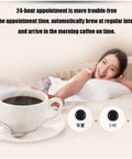 Woman waking up in bed with a cup of coffee and automated timer dials, emphasizing convenience and scheduled brewing.