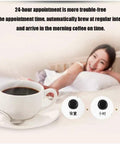 Woman waking up with a cup of coffee and a spoon on a saucer, with text promoting convenient coffee brewing schedule options.