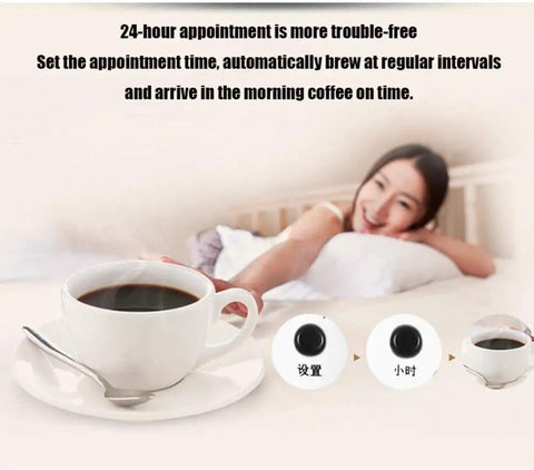Woman waking up with a cup of coffee and a spoon on a saucer, with text promoting convenient coffee brewing schedule options.