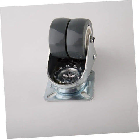 Heavy Duty Twin Caster Wheels With Non Marking Rubber Treads And 360 Swivel Plates Plus Locking Brakes, showing gray rubber wheels.
