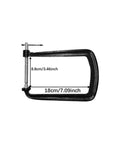 Classical Guitar Bridge Clamp For Quick Maintenance And Bridge Repair, Pro Fixture Clip Tool With Accessories, Fits Most Guitars, Easy To Use, Must Have Gift For Players And Luthiers. Metal clamp with screw, black, dimensions shown.
