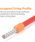 Close-up of hexagonal crimp profile showing serrated wire end for Self Adjusting Wire Ferrule Crimping Tool For Bootlace Ferrules.