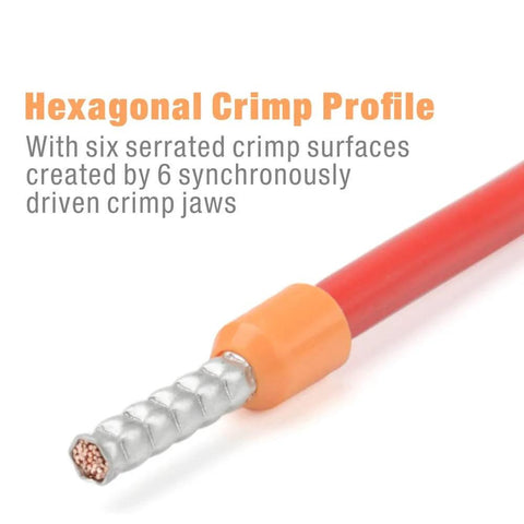 Close-up of hexagonal crimp profile showing serrated wire end for Self Adjusting Wire Ferrule Crimping Tool For Bootlace Ferrules.