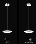 Insta Worthy Modern Chrome Pendant Light With 6000K LED Ceiling Fixture shown in off and on states, round minimalist design