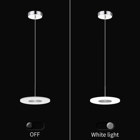 Insta Worthy Modern Chrome Pendant Light With 6000K LED Ceiling Fixture shown in off and on states, round minimalist design