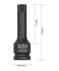 Half Inch Drive XZN Triple Square Spline Socket Bit for Impact Wrenches, M13 Metric, Lengthened Three Inch Overall Length, Heavy Duty CRMO Steel, One Piece Construction, Black Oxide Finish, Socket Adapter for Tough Jobs, side view with measurements.