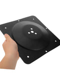 Heavy duty black steel Rock Solid Table Leg Fixator Plates for killing wobbly furniture held in hand, sturdy and reliable.