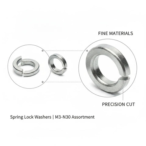 Close-up of All Purpose Galvanized Spring Lock Washer Set M3 Through M30 For Machinery showing precision cut and material details