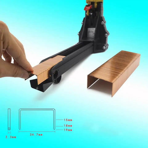 Heavy Duty Pneumatic Carton Sealer With High Speed Fast Nailing Action Robust Metal Construction Tool Free Depth Adjustment For Reliable Box Closing And Efficient Packaging Operations In Warehouse Environments, showing staples and a hand loading fasteners.