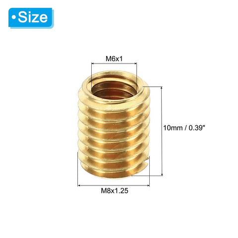 Front view of brass threaded repair insert nut with outer M8x1.25 thread and inner M6x1 female thread, 10 mm long