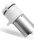 DC 12V micro air pump motor with white plastic top and metal cylindrical body.