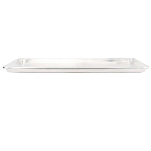 Side view of commercial grade aluminum sheet pan full size with reinforced rim built to last 16 gauge bakeware for cookie sheets and roasting.