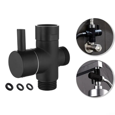 Super Tough 3 Way Shower Diverter Valve With Solid Brass Build And Seamless 1 Inlet To 2 Outlet Switching featuring a black brass body and removable nut setup.