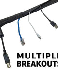 2 Inch Side Entry Braided Cable Sleeve With Hook And Loop Fastener, 100 Feet, Black, showing multiple cable breakouts