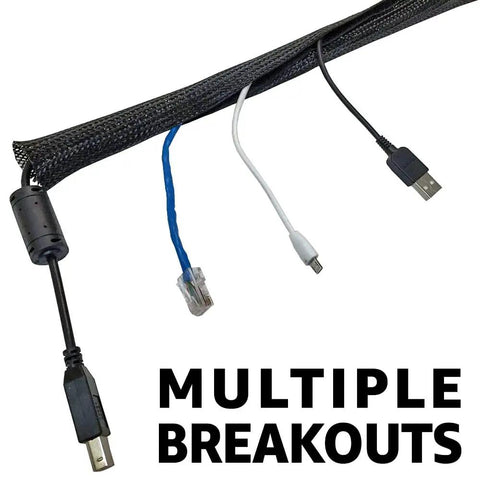 1.25 Inch Side Entry Braided Cable Sleeving With Hook And Loop Closure, 50 Feet Black, showing multiple cable breakouts