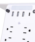 Smart Wall Outlet Extender With Six Power Receptacles And Four USB Ports Including Type C Charging built-in close-up showing USB ports and shelf design.