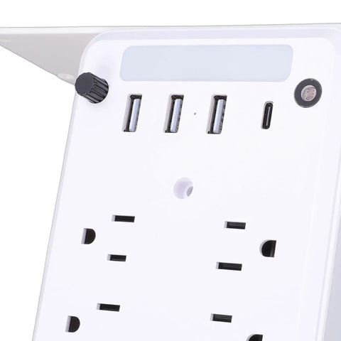 Smart Wall Outlet Extender With Six Power Receptacles And Four USB Ports Including Type C Charging built-in close-up showing USB ports and shelf design.