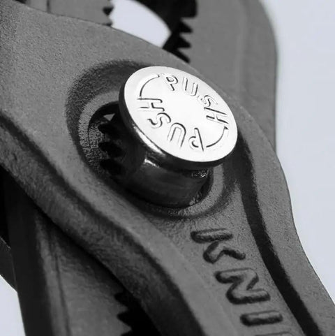 Close-up of Cobra Water Pump Pliers, 5 Inch, Red, Adjustable Pliers with self-locking teeth and quick button-press adjustment visible.